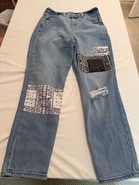 Hollister Light Blue Straight-Leg Jeans with Bandana Patchwork